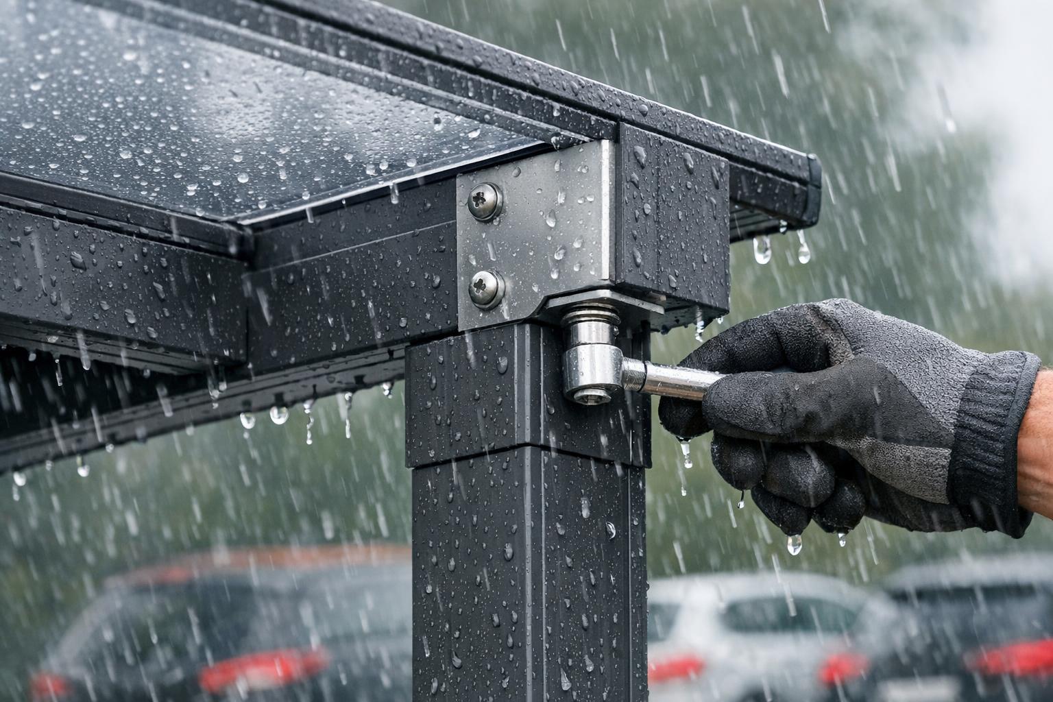 zdjęcie detailu montażu aluminiowej wiaty Carport podczas deszczu
